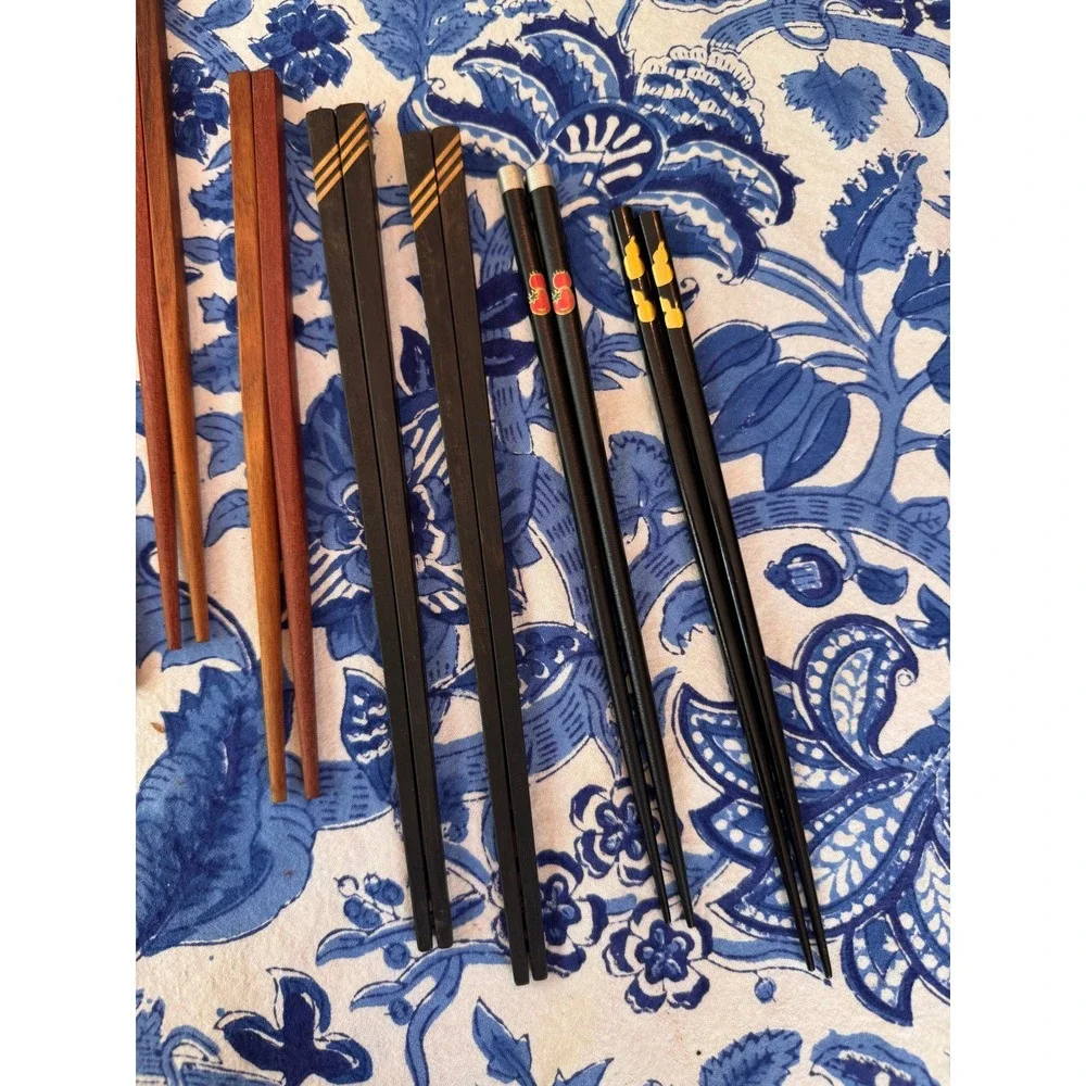 Vintage Assorted Chopsticks Set 9 Pairs Bamboo Carved Wood Lacquer Inlaid Decor